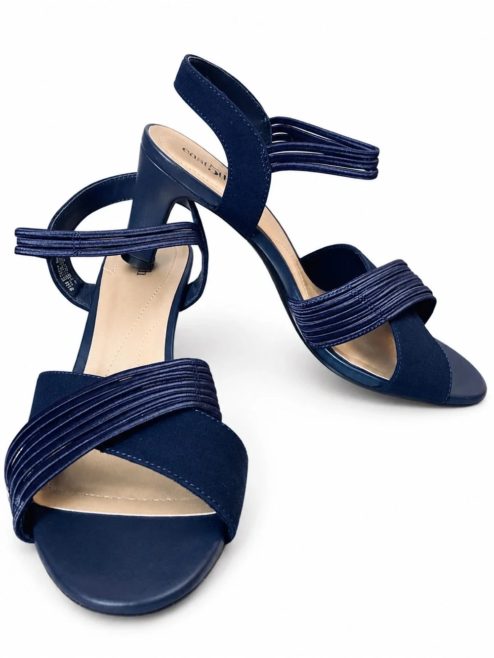 NWT East 5th Navy Satin Strappy Block Heel Sandals 8.5